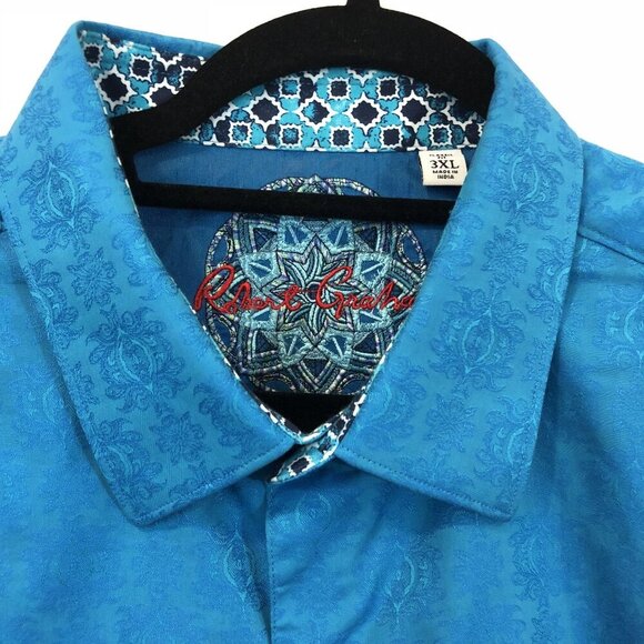 Robert Graham Mens 3XL Blue Jacquard Button-Up Shirt Contrast Flip Cuffs Collar - Picture 2 of 8